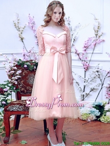 Comfortable Square Half Sleeves Bowknot prom Dress in Baby Pink