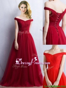 Elegant Off the Shoulder Cap Sleeves prom Dress in Wine Red