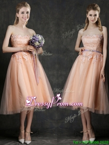 Hot Sale Strapless Peach prom Dress with Sashes and Lace