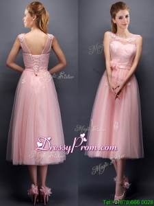 Lovely Hand Made Flowers and Applique Scoop prom Dress in Baby Pink