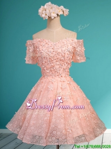 Lovely Off the Shoulder Short Sleeves Prom Dress with Appliques and Beading