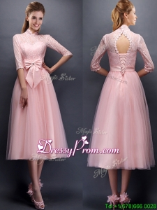 Luxurious Laced High Neck Half Sleeves prom Dress with Bowknot