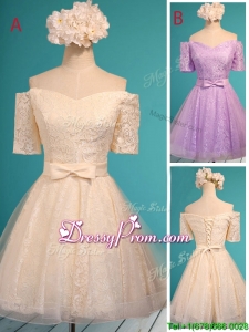 New Style Off the Shoulder Short Sleeves Prom Dress with Bowknot
