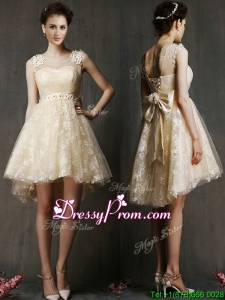 See Through Scoop Champagne prom Dress with Hand Made Flowers and Bowknot