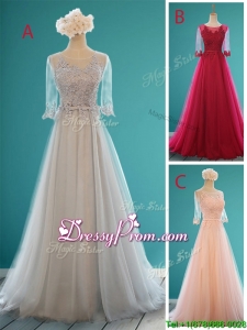 See Through Scoop Half Sleeves Prom Dress with Appliques and Belt
