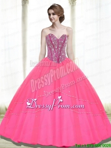 2015 Elegant Ball Gown Beading Sweetheart Hot Pink Quinceanera Dresses
