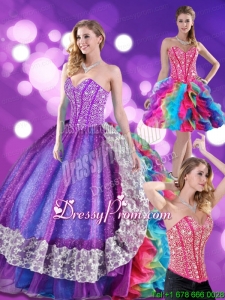 2015 Fabulous Beading and Ruffles Sweetheart Quinceanera Dresses in Multi Color