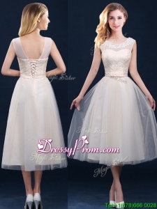 Best Selling See Through Champagne prom Dress with Appliques and Belt