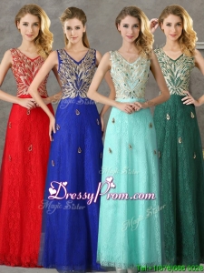 Fashionable V Neck Long prom Dress with Appliques and Beading