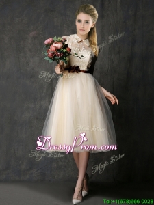 Luxurious High Neck Champagne prom Dress with Hand Made Flowers and Lace