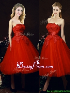 Perfect Puffy Skirt Strapless Applique Tea Length Red prom Dress