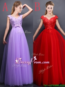 Unique V Neck Tulle prom Dress with Beading and Bowknot