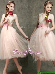 Beautiful Tea Length V Neck prom with Belt and Bowknot