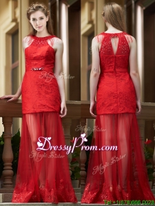 Cheap Belted Red Long prom Dress in Tulle and Lace