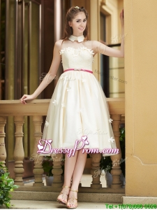 Gorgeous High Neck Champagne Prom Dress with Appliques and Sashes