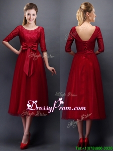 Gorgeous Scoop Half Sleeves Bowknot Prom Dress in Wine Red