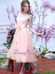 Luxurious One Shoulder Prom Dress with Bowknot and Hand Made Flowers