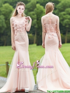 Luxurious See Through Light Pink Mermaid Prom Dress with Brush Train