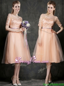 New Scoop Half Sleeves Prom Dress with Sashes and Lace