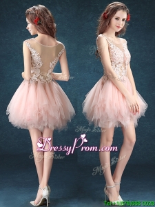 See Through Scoop Baby Pink Prom Dress with Appliques and Ruffles