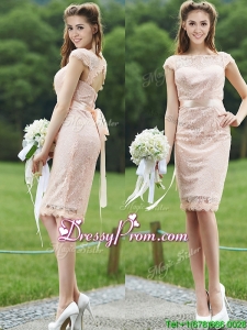 See Through Scoop Cap Sleeves Prom Dress with Sashes