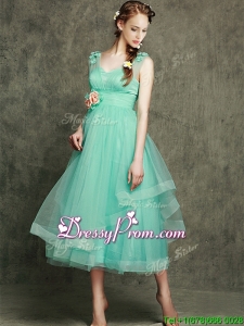 See Through Straps Prom Dress with Appliques and Hand Made Flowers