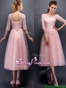 See Through V Neck Half Sleeves prom Dress with Lace and Belt