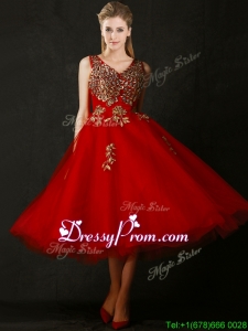 Beautiful V Neck Tea Length prom Dress with Beading and Appliques