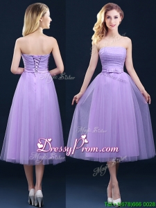 Discount Tea Length Tulle Lavender Prom Dress with Belt