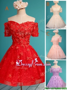 Elegant Off the Shoulder Short Sleeves prom Dress with Appliques and Beading