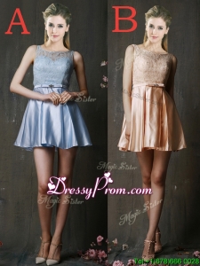 Pretty Bateau Laced and Belted Short Prom Dress in Taffeta