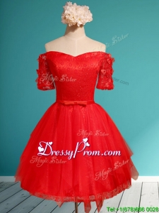 Comfortable Off the Shoulder Short Sleeves Red Dama Dress with Appliques and Belt