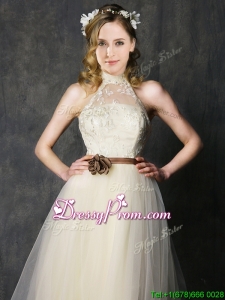 Sweet High Neck Champagne Dama Dress with Hand Made Flowers and Lace