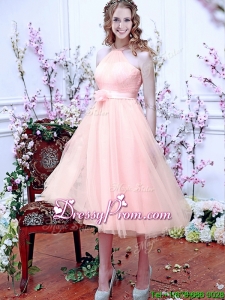 Beautiful Halter Top Baby Pink Prom Dress with Hand Made Flowers