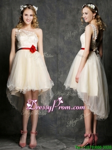 Classical One Shoulder High Low Champagne Prom Dress with Belt and Appliques