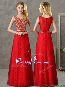 Classical V Neck Red Prom Dress with Appliques and Beading