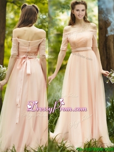 Fashionable Off the Shoulder Half Sleeves Prom Dress with Ribbons