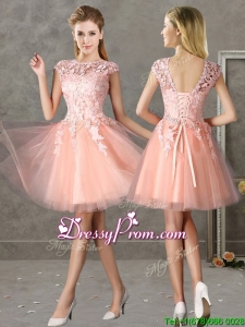 New Style Bateau Peach Short Prom Dress with Lace