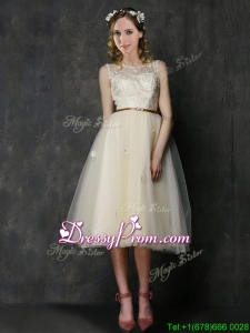 Popular Scoop Champagne Prom Dress with Sashes and Lace