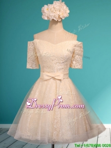 Pretty Off the Shoulder Short Sleeves Champagne Prom Dress with Bowknot