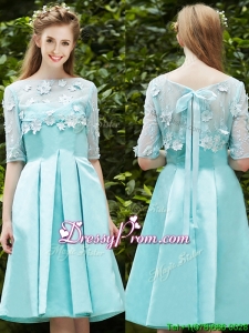 See Through Bateau Half Sleeves Appliques Prom Dress in Apple Green