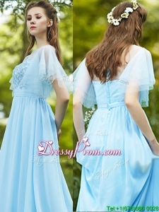 See Through Bateau Short Sleeves Prom Dress with Appliques