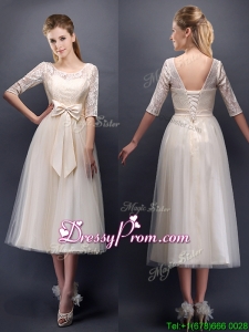 See Through Scoop Half Sleeves Champagne Prom Dress with Bowknot