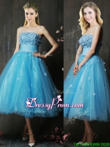 Lovely Strapless Applique Bust Baby Blue Prom Dress in Tea Length