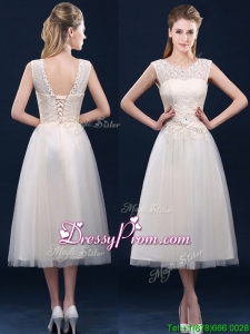 Fashionable Tea Length Scoop Prom Dress with Lace and Appliques