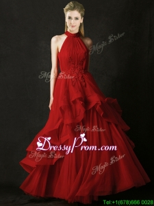 Modest A Line Halter Top Tulle Prom Dress with Appliques