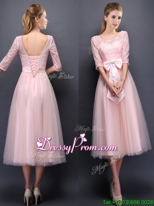 Most Popular Scoop Half Sleeves Baby Pink Prom Dress with Bowknot