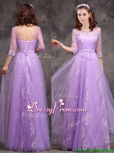 Popular Half Sleeves Lavender Prom Dress with Appliques and Beading