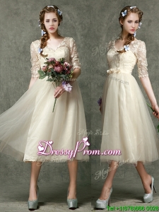 Romantic V Neck Half Sleeves Prom Dress with Lace and Belt