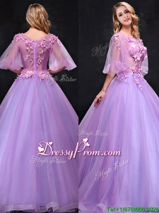 See Through Half Sleeves Bateau Prom Dress with Hand Made Flowers